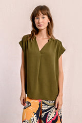 Crepe Vneck Shoulder Detail Short Sleeve Shirt Khaki
