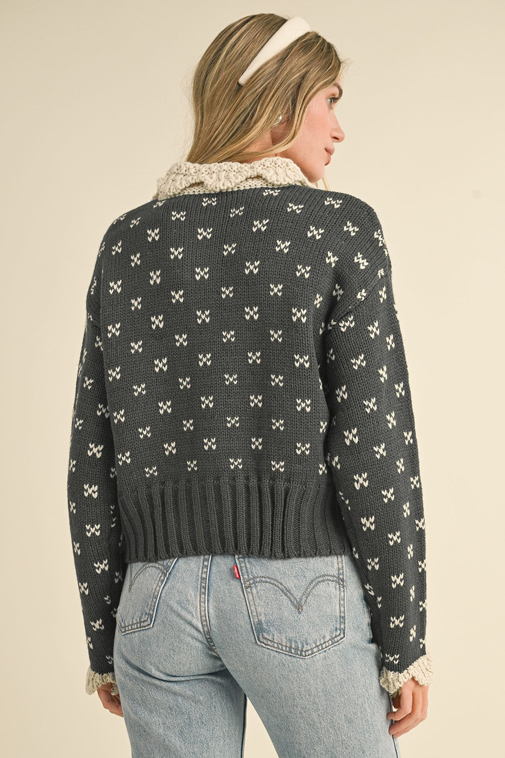 Contrast Doll Collar Buttoned Cardi Charcoal
