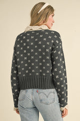 Contrast Doll Collar Buttoned Cardi Charcoal