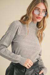 Textured Stripes Scallop Mock Neck Knit Top Heather Grey