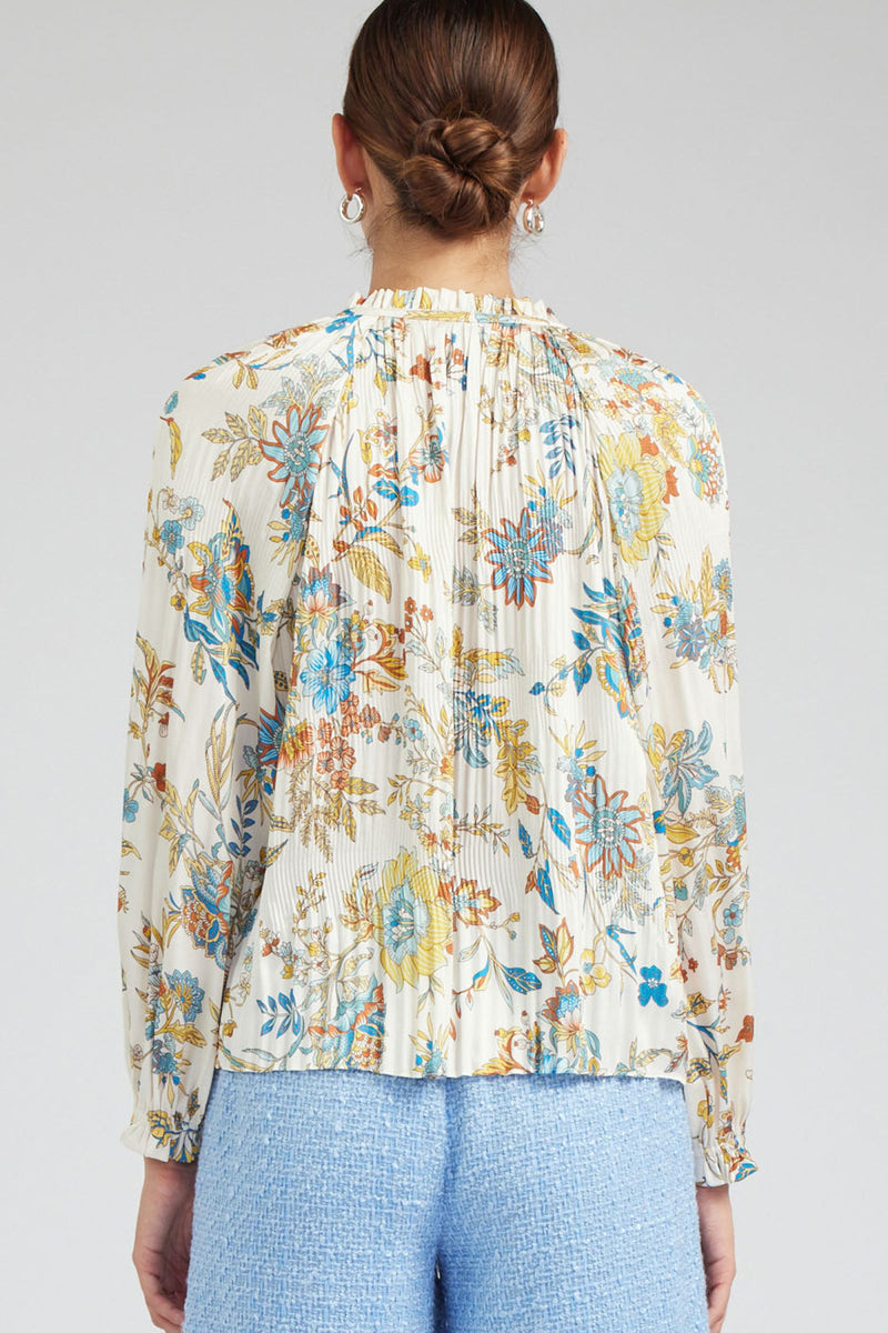 Long Sleeve Ruffled Split Neck Floral Self Tie Blouse Multi