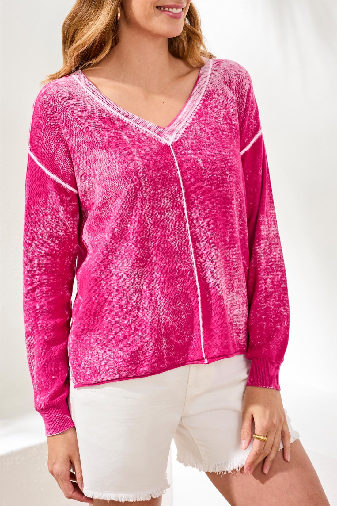 Washed Vneck Exposed Seam Sweater Top Gardenia