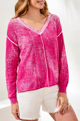 Washed Vneck Exposed Seam Sweater Top Gardenia
