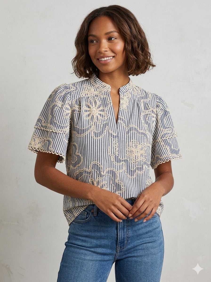 Short Sleeve Embroidery Detail Top Blue