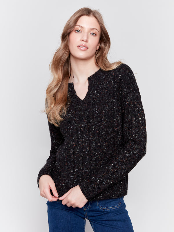 Speckled Yarn Cable Knit Sweater Heather Black