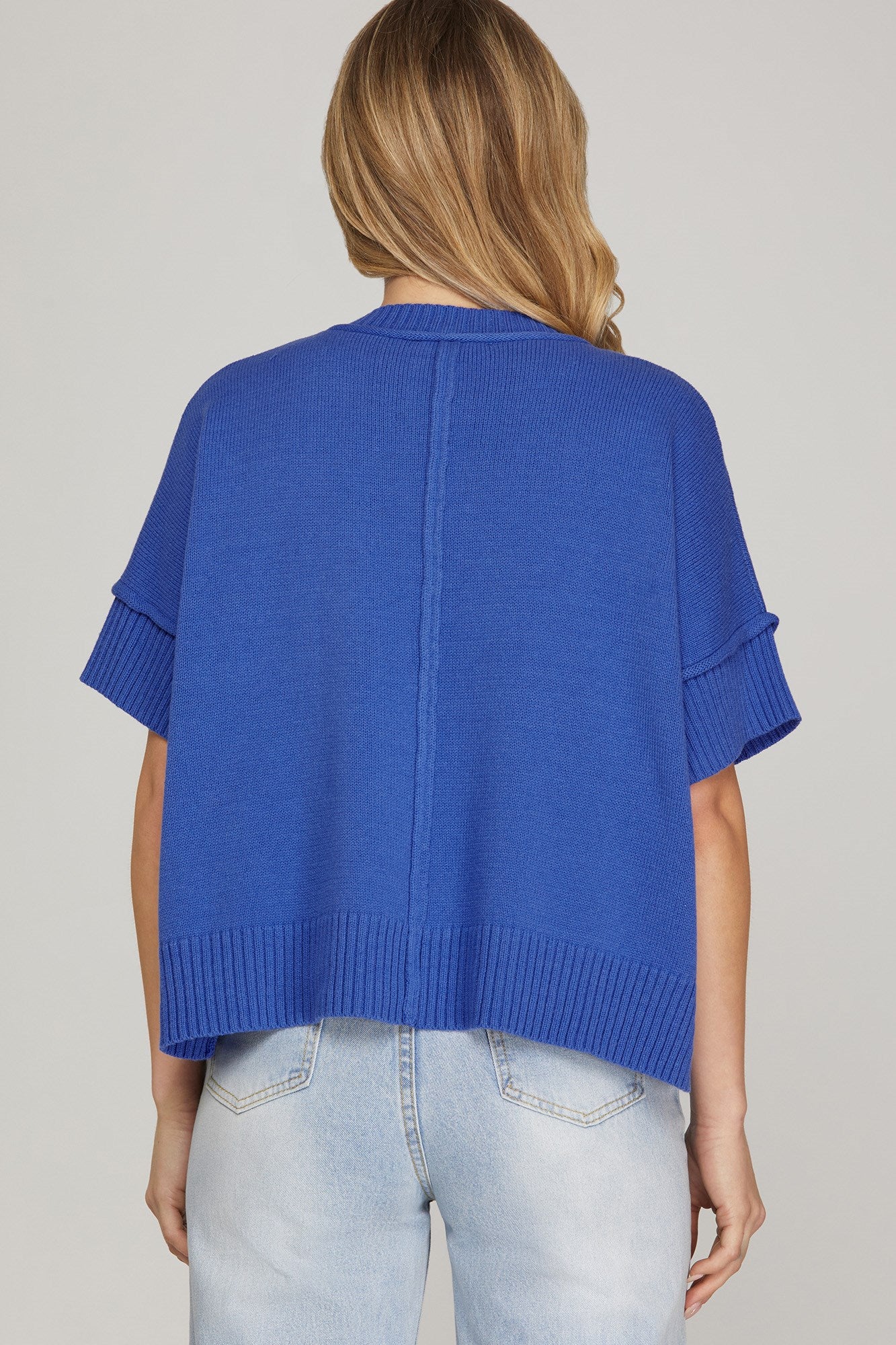 Half Sleeve Crew Neck Sweater Top Cobalt Blue