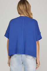 Half Sleeve Crew Neck Sweater Top Cobalt Blue