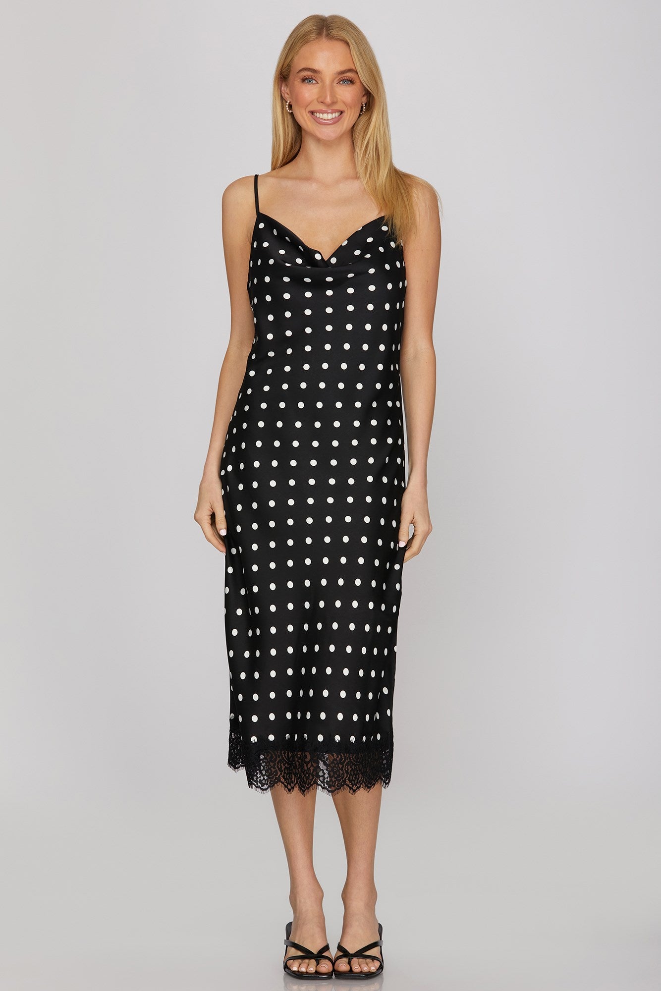 Lace Hem Satin Polka Dot Cowl Midi Dress Black