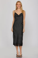 Lace Hem Satin Polka Dot Cowl Midi Dress Black