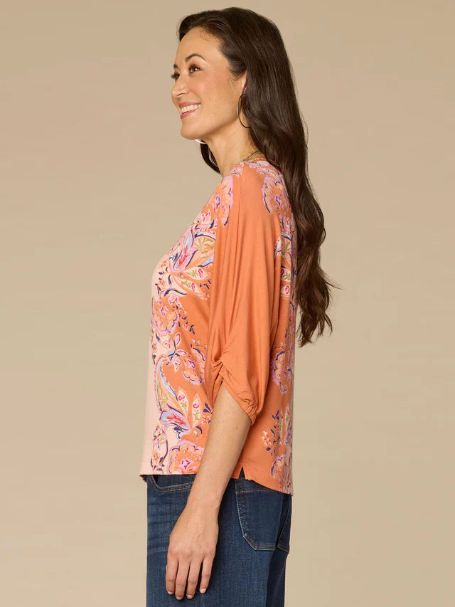 3/4 Blouson Sleeve Placement Print Top Vintage Coral + Sandy Beach