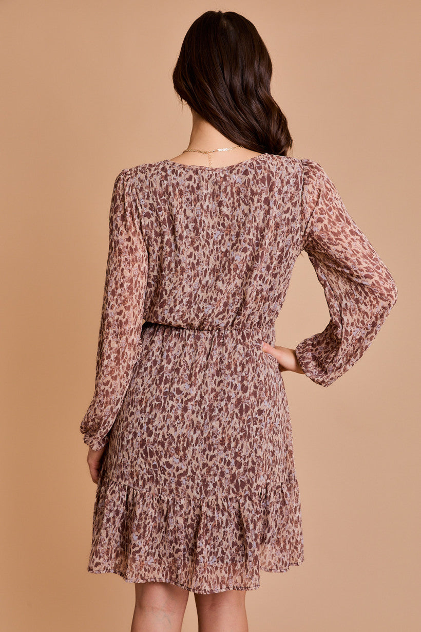 Printed Tie Neck Long Sleeve Dress Mocha
