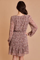 Printed Tie Neck Long Sleeve Dress Mocha