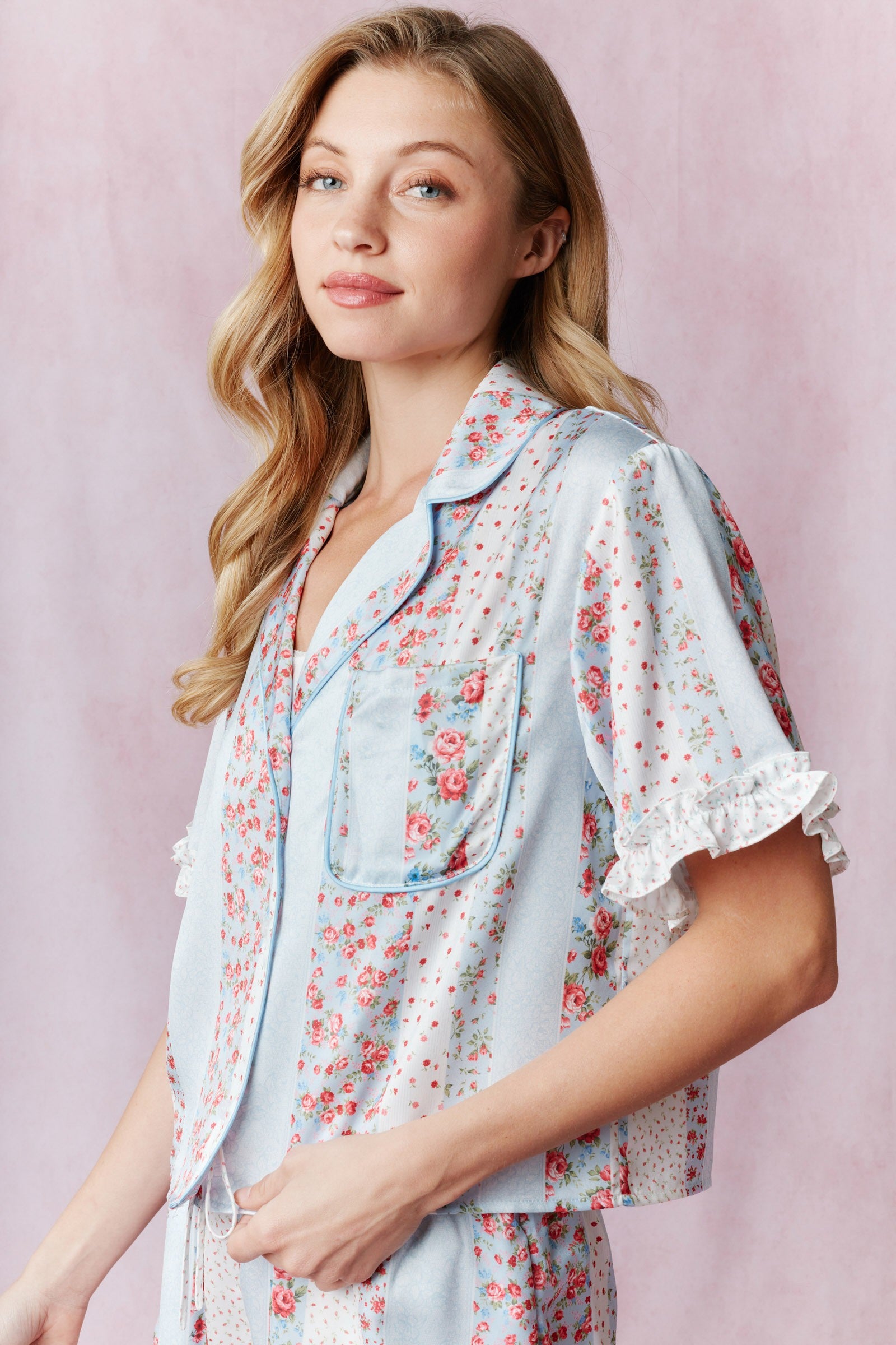 Floral Print Satin Ruffle Detail PJ Set Light Blue Multi