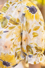 Ruffled Vneck Floral Print Embroidered Top Yellow