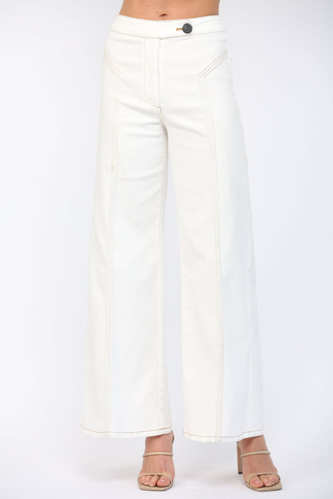 Contrast Stitch Triple Pintuck High Waist Flare Pants Cream