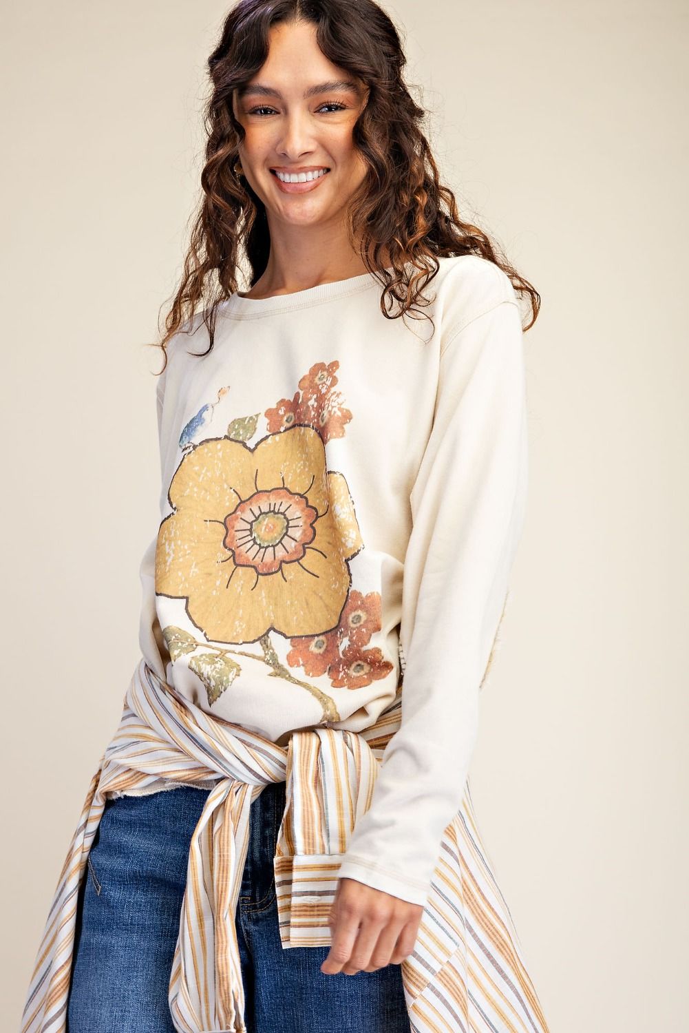Vidalia Floral Washed Long Sleeve Top Light Khaki