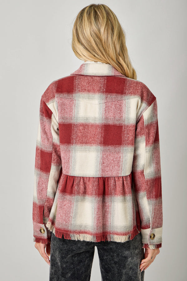 Peplum Plaid Fringe Jacket Red