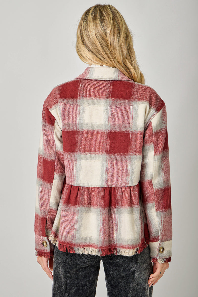 Peplum Plaid Fringe Jacket Red
