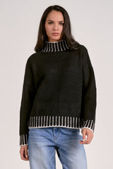 Striped Detail Hem Turtleneck Sweater Black