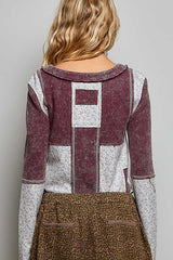 Patchwork Waffle Knit Floral Long Sleeve Top Blood Red Multi