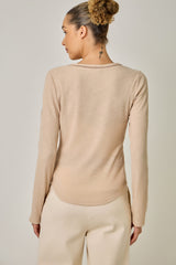 Long Sleeve Suede Piping Accent Henley Natural