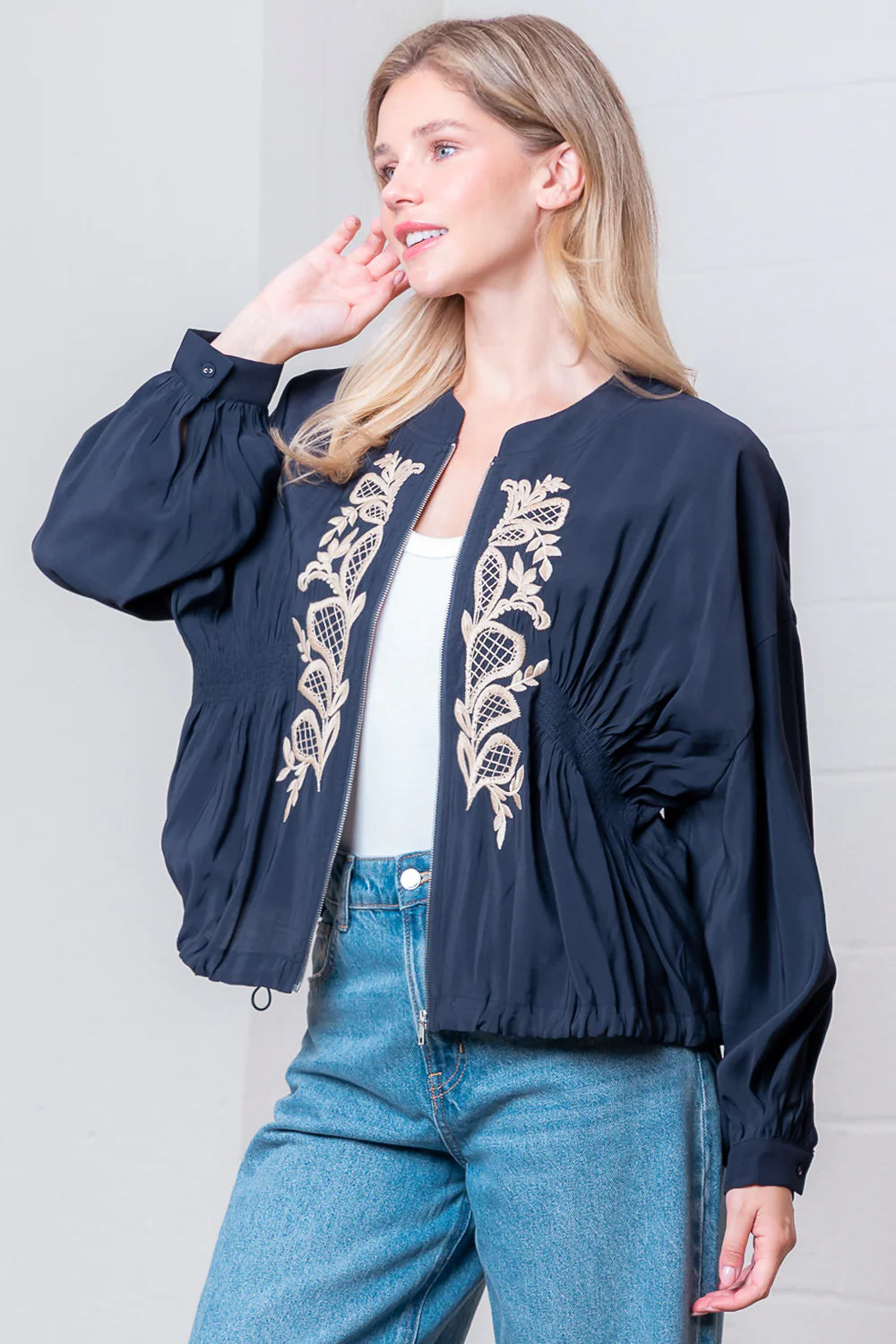 Embroidered Smock Detail Balloon Sleeve Jacket Navy