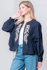 Embroidered Smock Detail Balloon Sleeve Jacket Navy