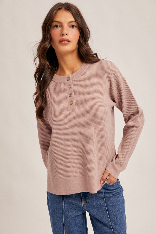 Side Slit Waffle Sweater Button Up Mauve