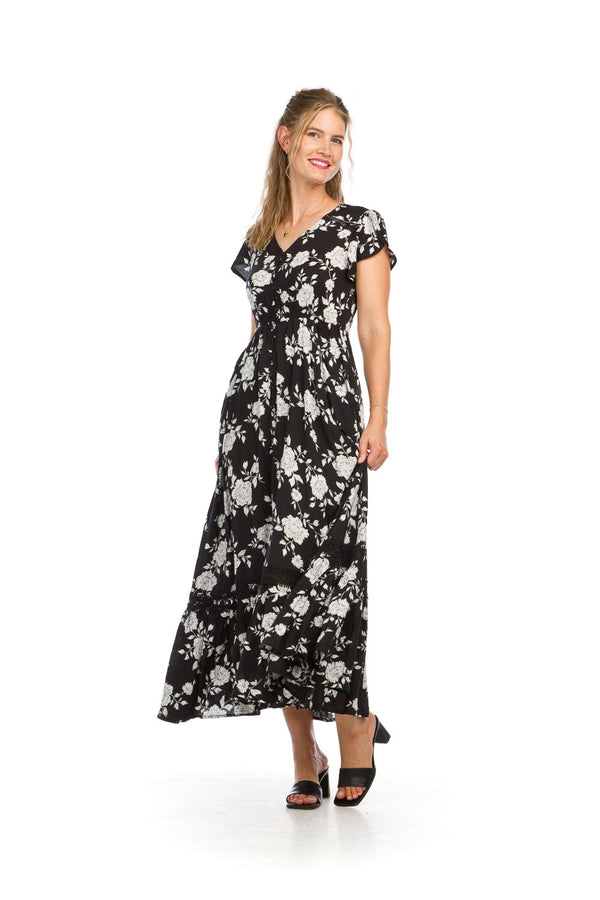 Lace Inset Floral Button Front Maxi Dress Black + White