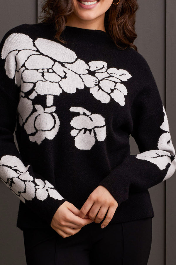 Funnel Neck Floral Print Sweater Black