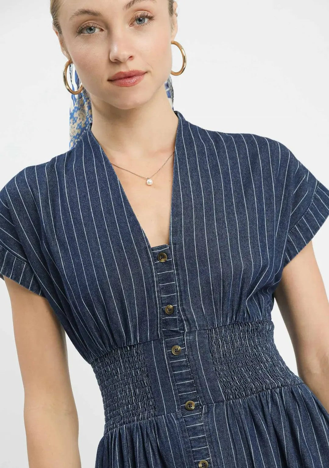 Pinstripe Smocked Waist Button Front Midi Dress Dark Denim