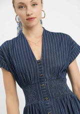Pinstripe Smocked Waist Button Front Midi Dress Dark Denim
