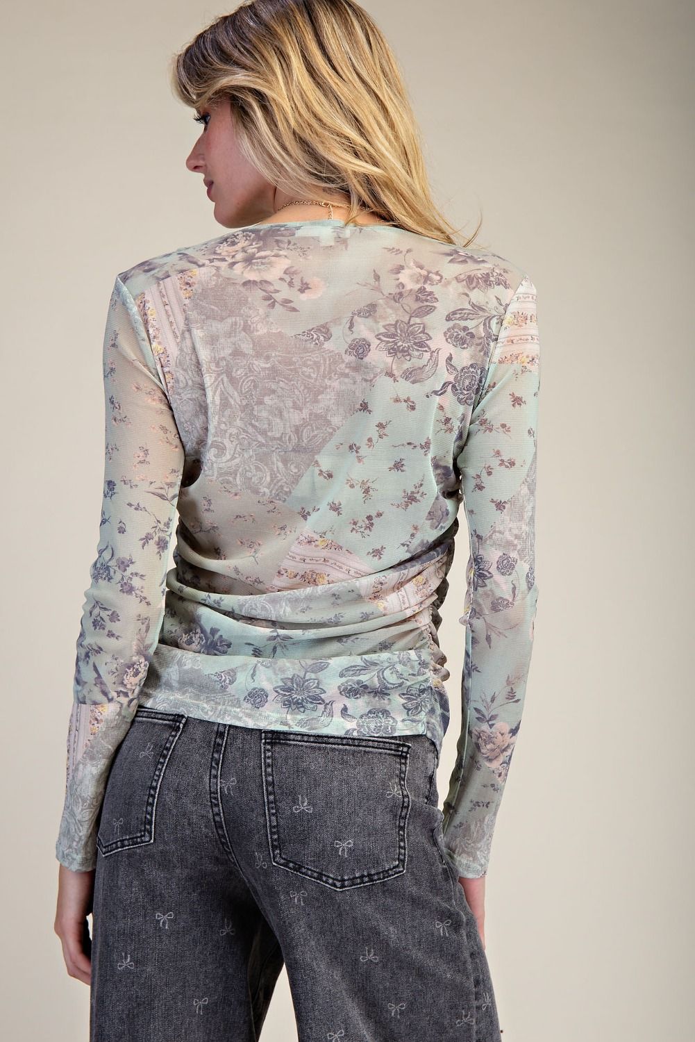 Patchwork Sheer Floral Mesh Top Sage