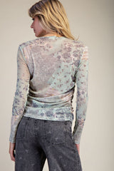 Patchwork Sheer Floral Mesh Top Sage