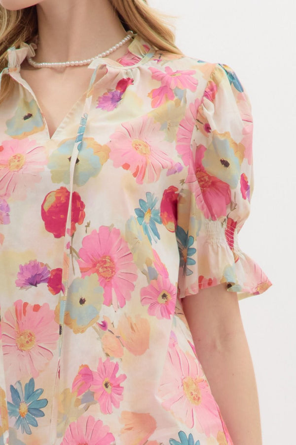 Floral Smocked Short Sleeve Ruffle Top