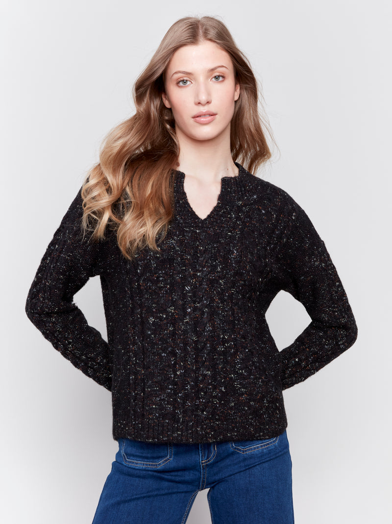 Speckled Yarn Cable Knit Sweater Heather Black