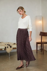 Pleated Polka Dot Maxi Skirt Brown + Ivory
