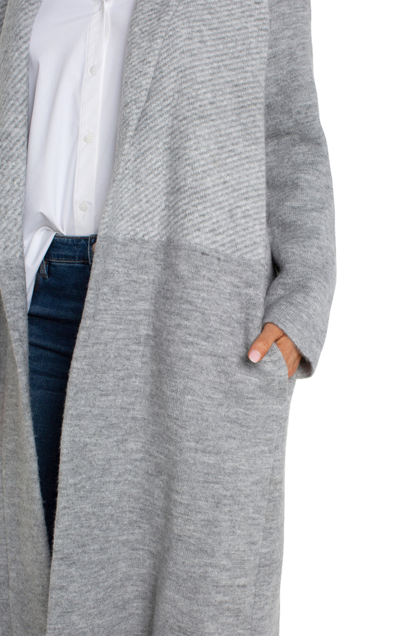 Open Front Shawl Collar Sweater Coat Grey Pattern Block