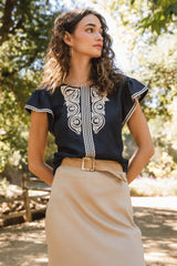Embroidered Front Rick Rack Sleeve Blouse Navy