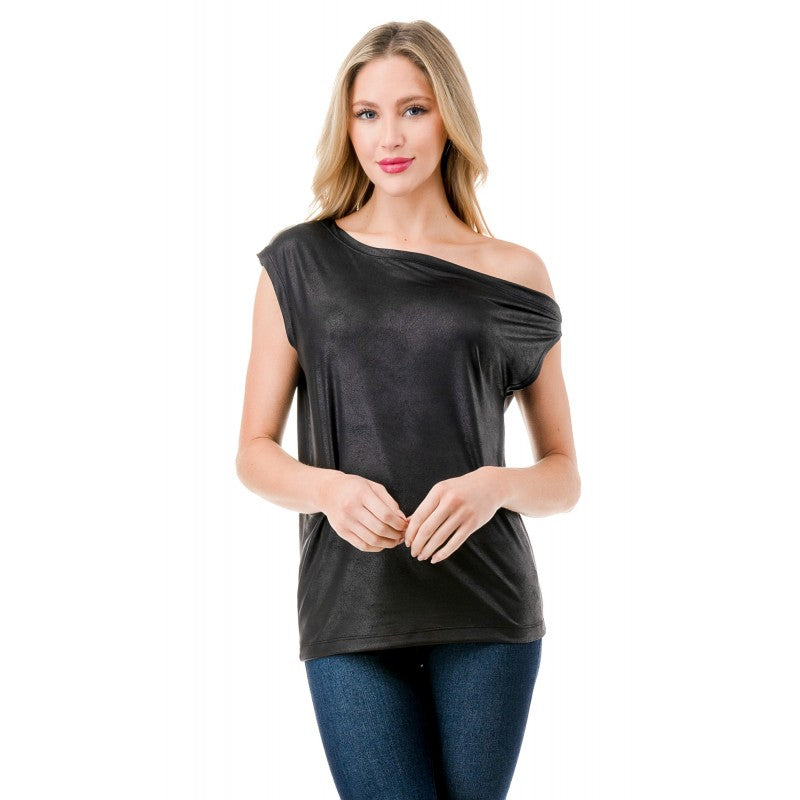 Boat Neck Off Shoulder Tank Black Leather