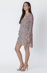 Long Sleeve Pleated A Line Dress Neutral Paisley