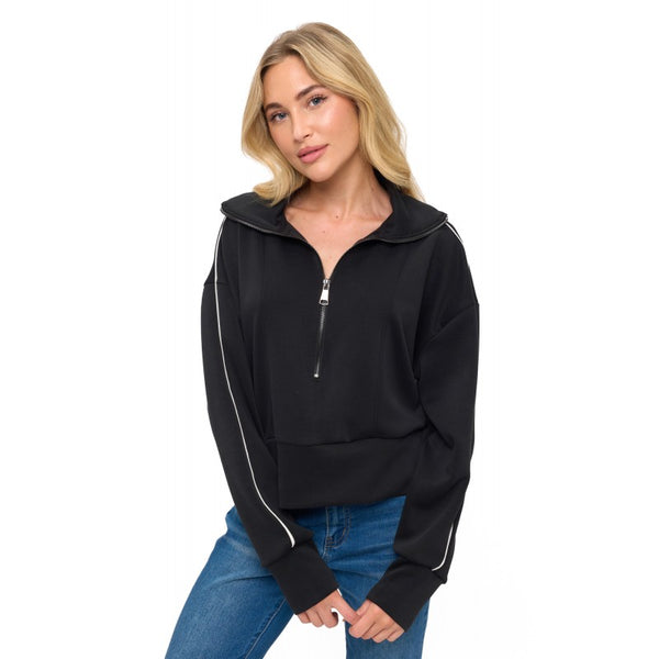 Zipper Detail Scuba Top W/Piping Black