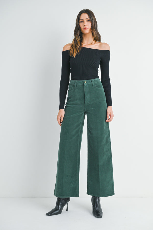 High Rise Wide Leg Corduroy Pants Forest Green