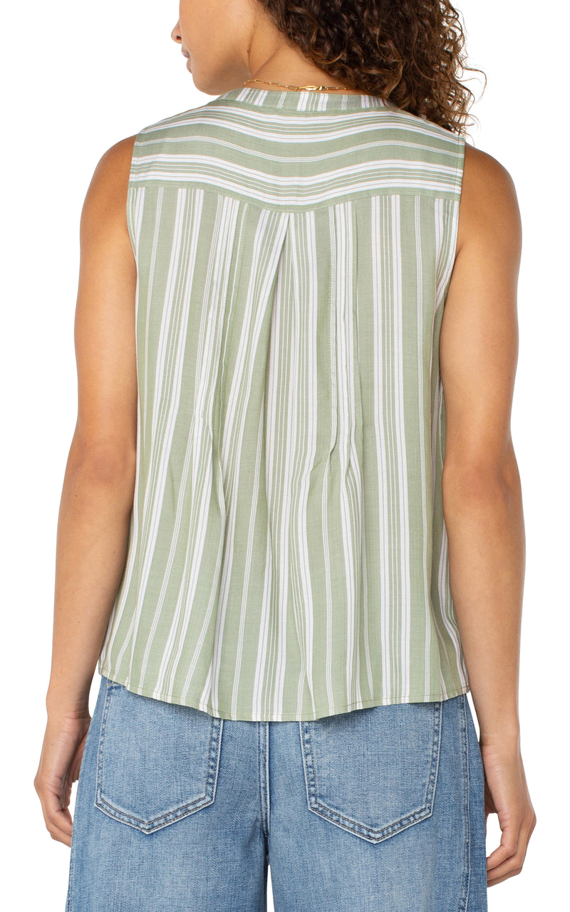 Pintuck Printed Button Detail Tank Green White Stripe
