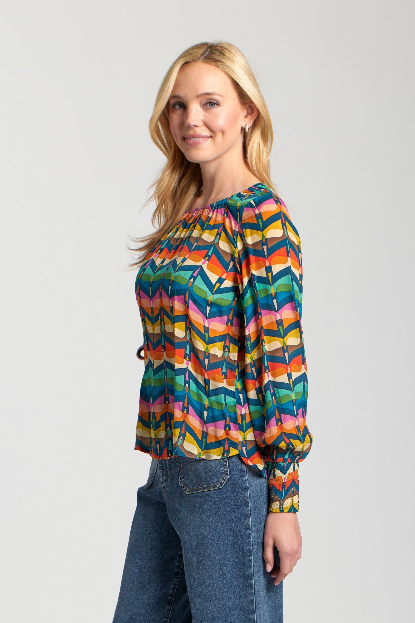 Smocked Cuff Elastic Neckline Printed Blouse Zig Zag Navy Multi