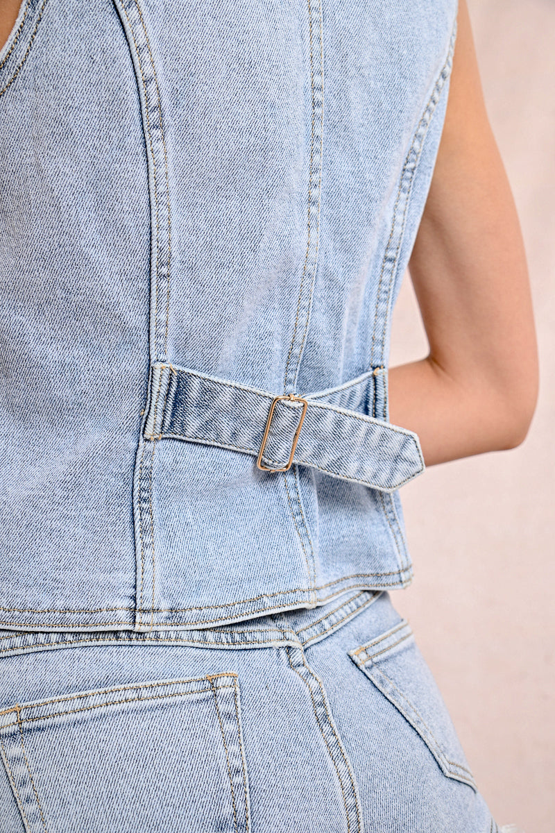 Tailored Seam Denim Vest Light Blue
