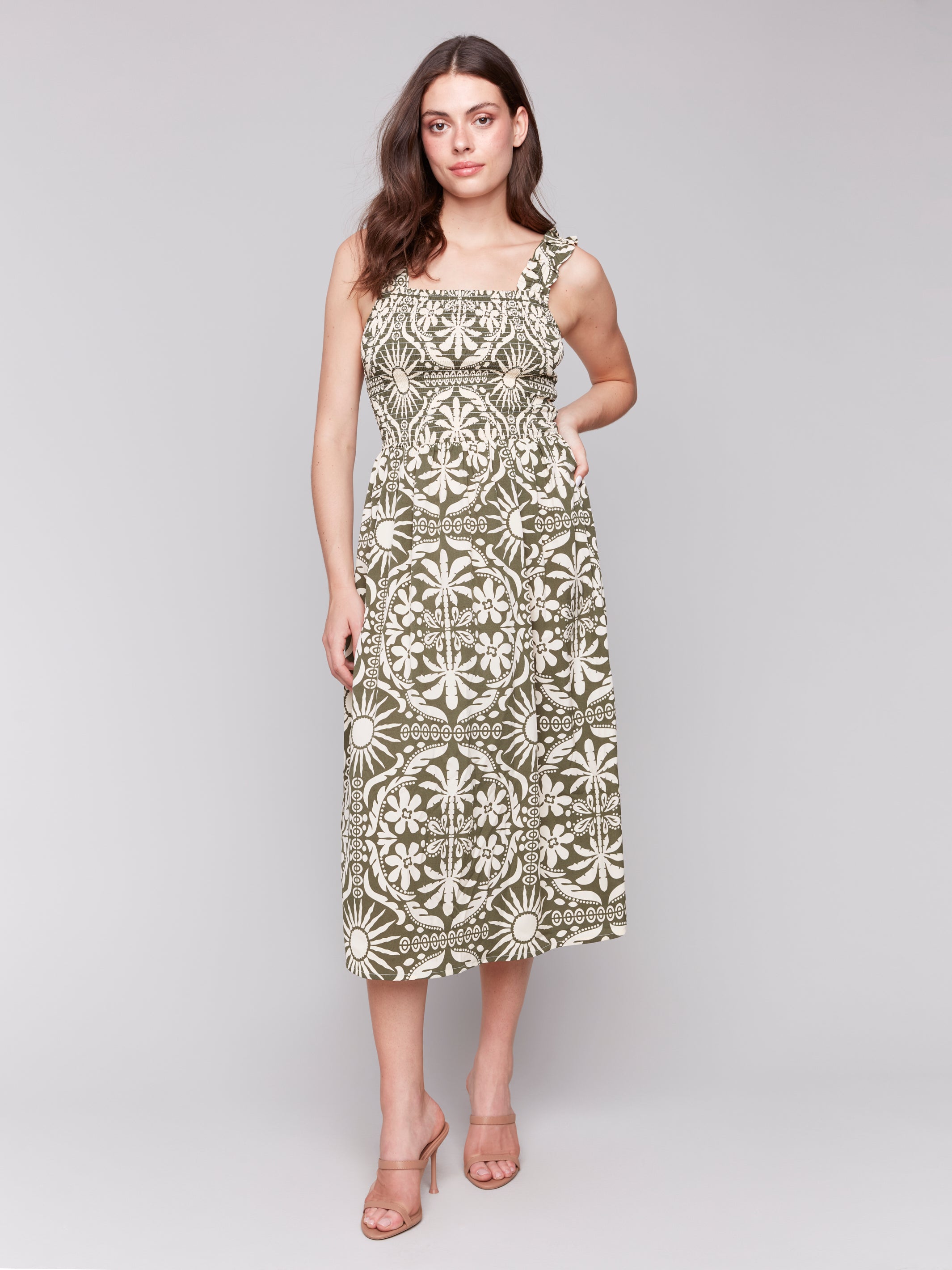 Shirred Detail Printed Sleeveless Dress Celadon