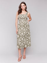 Shirred Detail Printed Sleeveless Dress Celadon