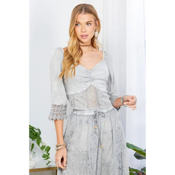 Sheared Back Lace Stonewashed Crop Top Grey
