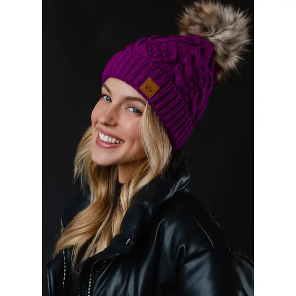 Cable Knit Natural Pom Hat Purple